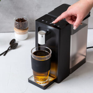 Black and silver instant hot water dispenser with 3L transparent tank on kitchen bench