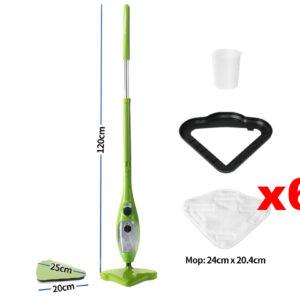 1300W Handheld Steam Mop in vibrant green finish standing upright on a tiled floor