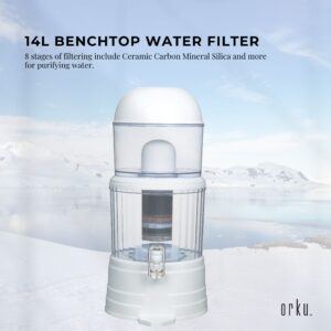 14L Benchtop 8 Stage Water Filter with clear upper and lower tanks.