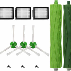 iRobot Roomba replenishment kit showing main rubber rollers side brushes and filters