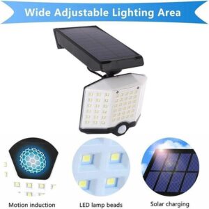 66 Led Solar Motion Sensor Light Outdoor Wall Lamp 3-Head – Sumo Deals Close-Up Of Wide Angle Motion Sensor And 5.5V Solar Panel On Security Lamp