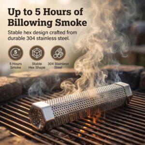 ASMOKE Pellet Smoke Tube 30x5cm producing smoke on a gas grill.