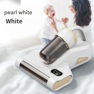 White cordless UV-C dust mite vacuum machine with digital display window front angle