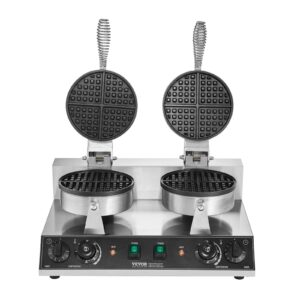 Stainless steel commercial dual head round belgian waffle maker closed on benchtop