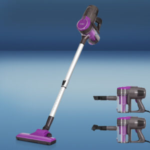 Devanti 500W corded stick vacuum cleaner in purple and silver with extension tube