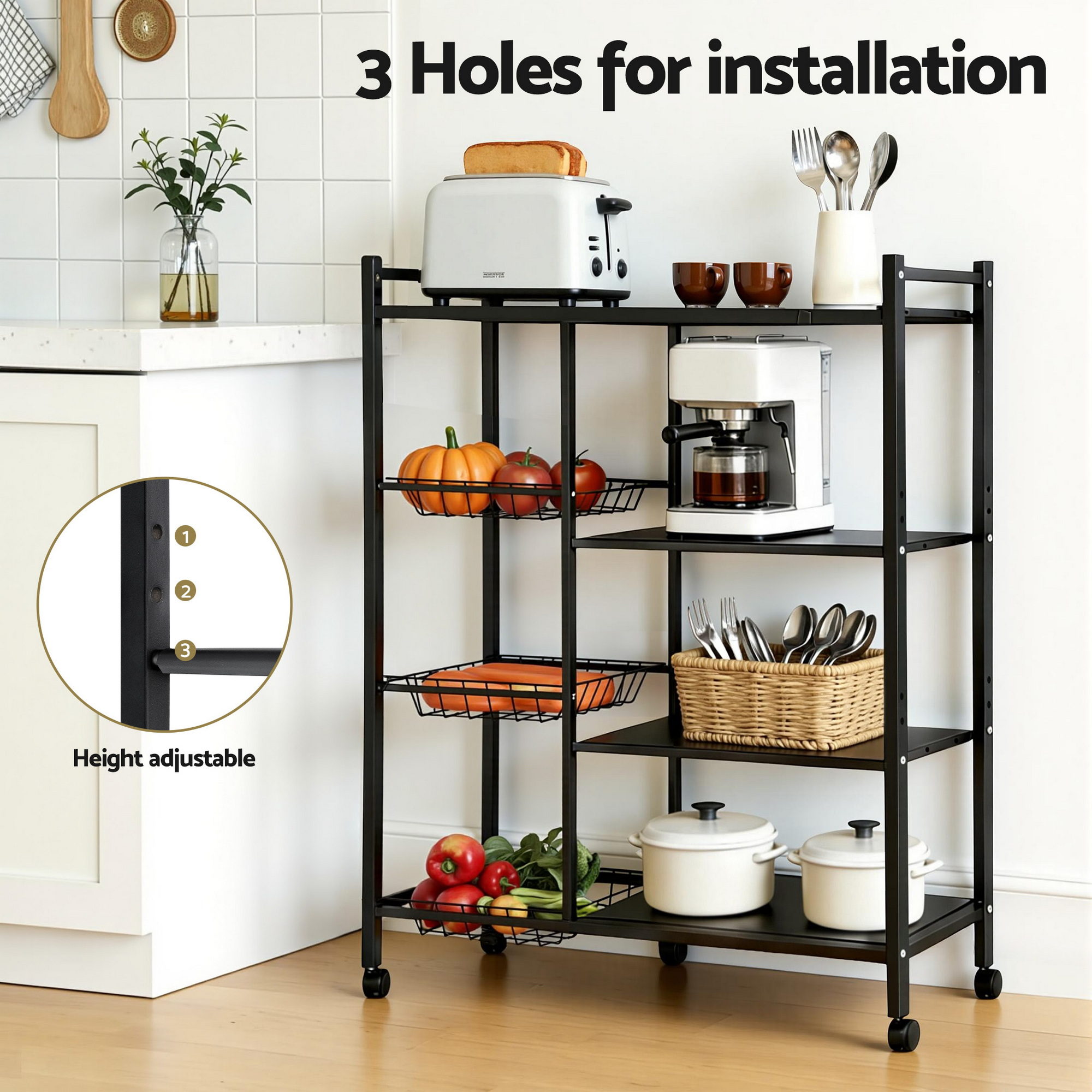 Artiss 4-Tier Storage Shelf Kitchen Bakers Rack – Sumo Deals Fresh Vegetables Stored Inside Wire Mesh Tiers Of A 4-Tier Storage Shelf