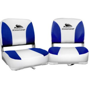 Pair of Seamanship low back white and blue swivel folding boat seats