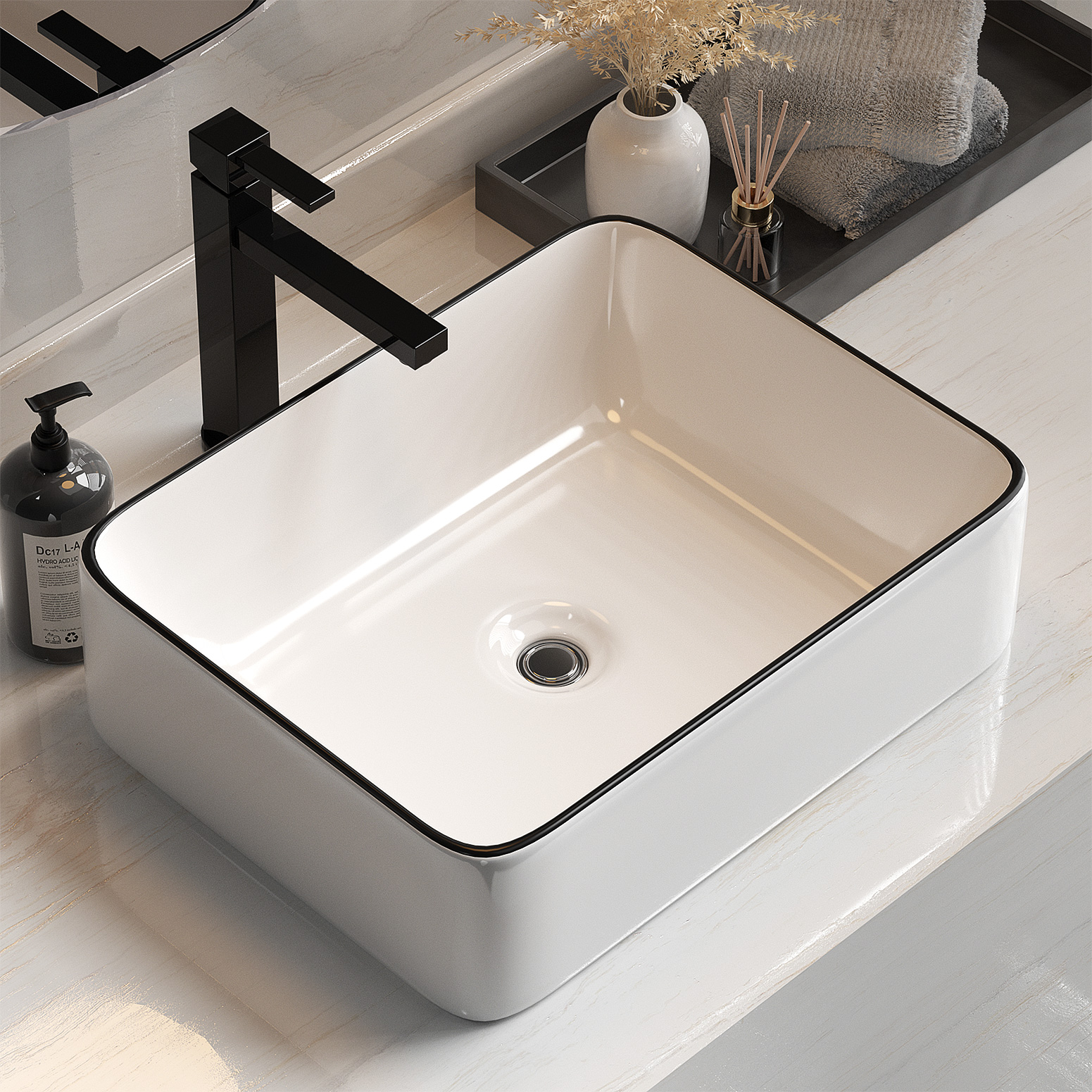 Cefito Ceramic Black Line Above Counter Vanity Basin Sink – Sumo Deals Cefito Ceramic Black Line Above Counter Vanity Basin Sink With A Matte Black Mixer Tap