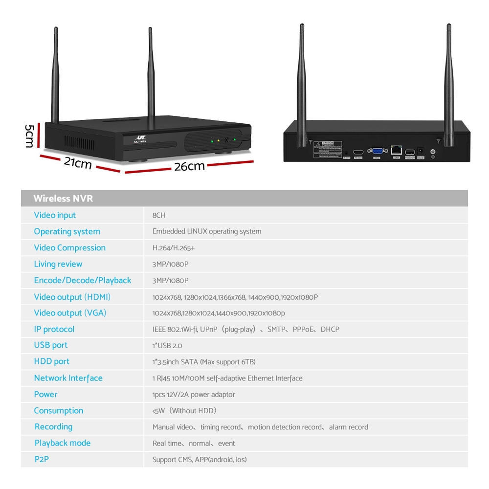 Ul-Tech Wireless Security Camera System 8Ch Nvr 8 Square Cameras – Sumo Deals Wireless Security Camera System Nvr Rear Layout Showing Hdmi And Vga Ports