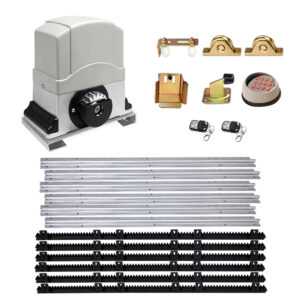Complete electric sliding gate opener kit with 450W motor, tracks, and wheels
