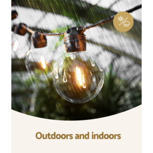 17m solar festoon outdoor LED string lights hanging over an outdoor patio
