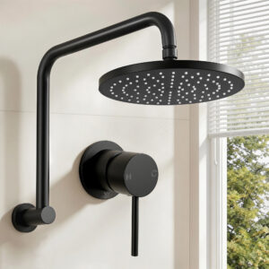 Cefito matte black round overhead swivel shower head installed on wall