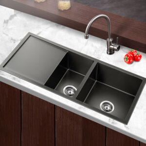 Undermount Black Stainless Steel Kitchen Sink Double Bowl Installation Stone Benchtop
