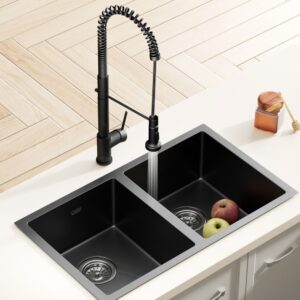 Cefito black double bowl sink with matte black pull out mixer tap installed