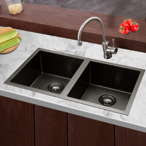 Cefito double bowl stainless steel kitchen sink 77x45cm in a dark satin finish