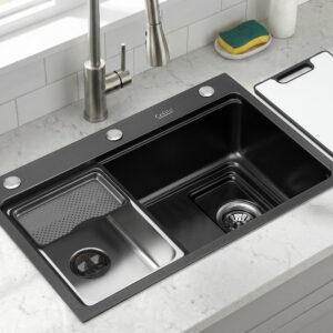 Cefito 304 stainless steel bar kitchen basin sink 68x45cm in black finish with accessories