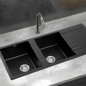 Cefito double bowl granite stone kitchen sink 116x50cm in a premium matte black finish