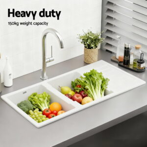 Cefito White Granite Kitchen Sink Double Bowl 116X50Cm – Sumo Deals Undermount Installation White Granite Kitchen Sink Stone Countertop