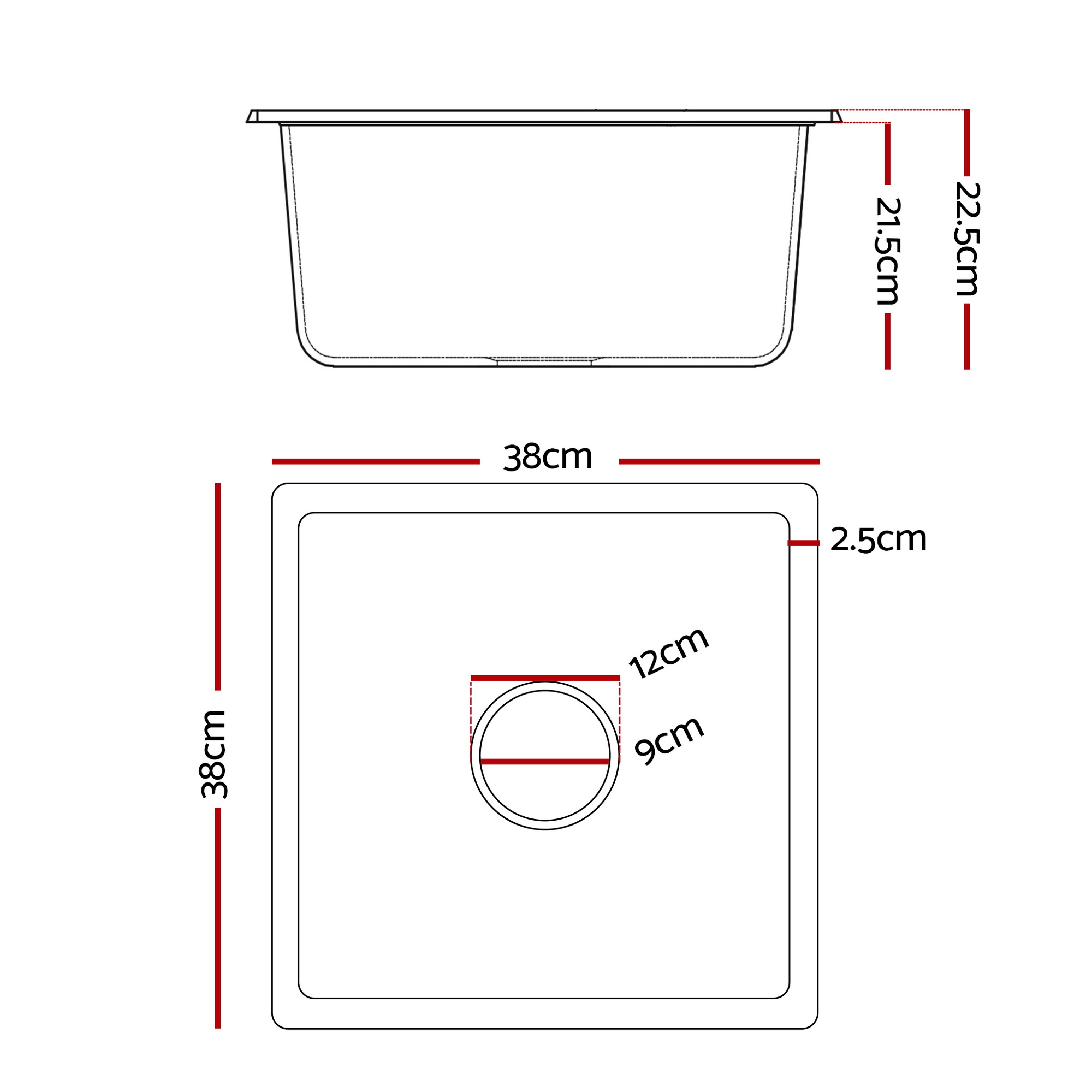 Cefito White Granite Stone Kitchen Sink 38X38Cm – Sumo Deals Dimensions Diagram For 38X38X23Cm White Granite Stone Kitchen Sink With Waste Strainer