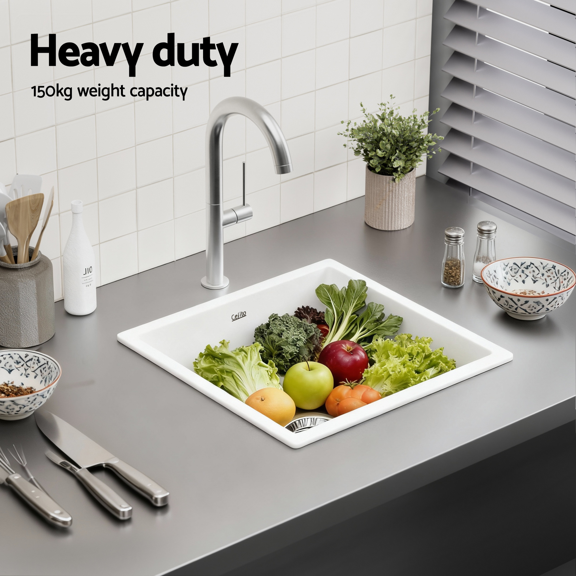 Cefito White Granite Stone Kitchen Sink 45X45Cm – Sumo Deals Undermount White Granite Kitchen Sink Stone Countertop Installation