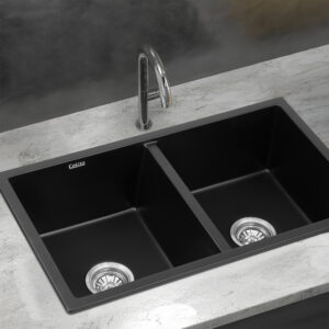 Cefito double bowl granite stone kitchen sink 77x45cm in a premium matte black finish