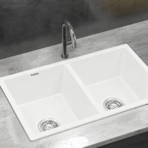 Cefito double bowl granite stone kitchen sink 116x50cm in premium matte white finish