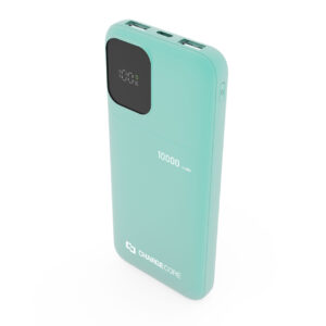 ChargeCore SafeCharge Max 10K Power Bank in vibrant Aquatic Awe blue showing premium matte texture.
