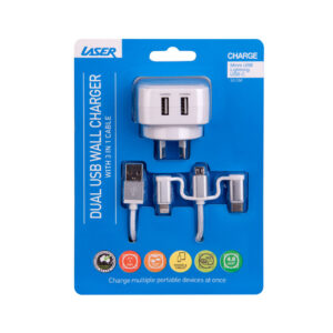 Laser Dual USB AC Charger in white with the attached 3-in-1 multi-connector cord.
