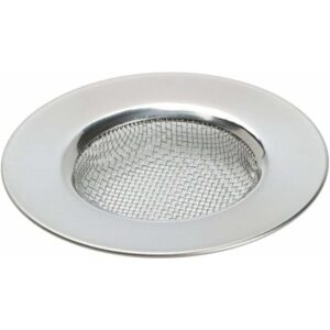 Stainless steel mesh sink drain filter showing top metallic rim and micro-mesh grid
