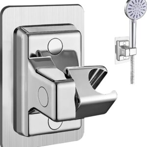 Chrome self adhesive shower head holder mounted on shiny white bathroom tiles