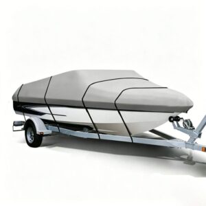 Marine grade grey boat cover secured on a 14-16ft trailerable runabout boat