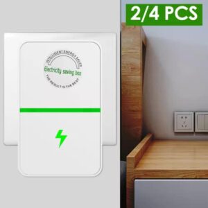 Four white pro power saver household electricity saving boxes arranged in a row