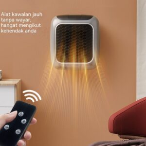 Blue wall mounted PTC space heater plugged into wall outlet with active LCD screen