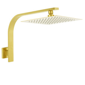 Brushed gold square rainfall shower head and gooseneck wall arm set