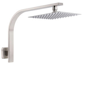 Brushed nickel square rain shower head set with curved gooseneck wall arm