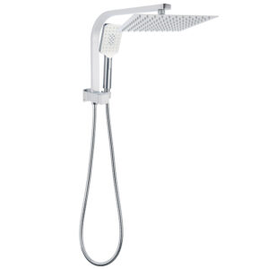 Chrome dual square rain shower head set with overhead geometric plate and handheld wand