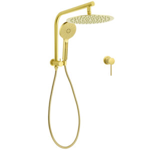 Kylins Brushed Gold Round Dual Mixer Shower Set mounted on a luxury bathroom wall.