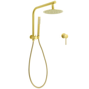 Kylins Brushed Gold Round Dual Shower Head Set mounted on a luxury bathroom wall.