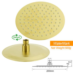 Kylins Brushed Gold Round Dual Shower Head Set With Mixer – Sumo Deals Overhead View Of The 8 Inch Brushed Gold Rain Shower Head Round Plate.