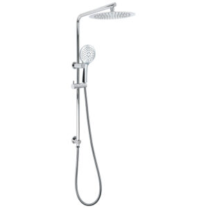 Chrome round rail shower set with overhead rainfall plate and handheld wand