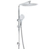 Chrome double round rail shower set with 12 inch overhead rainfall plate and handheld wand