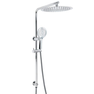 Chrome double round rail shower set with 12 inch overhead rainfall plate and handheld wand