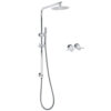 Polished chrome round 8 inch twin tap rain shower set mounted on a tiled wall