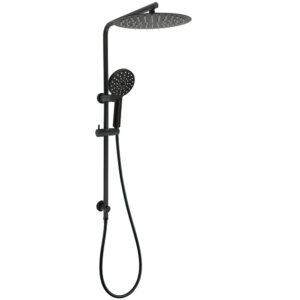 : Matt black dual slide rail rain shower set mounted on a modern bathroom wall