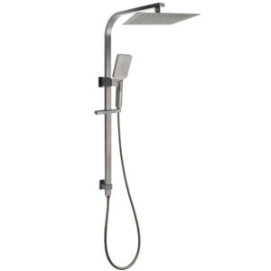 Gun metal double square rail shower set with 10 inch overhead geometric rainfall plate and handheld wand