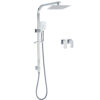 Complete chrome twin square shower set with overhead plate, handheld wand, and twin taps
