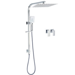 Complete chrome twin square shower set with 12 inch overhead plate, handheld wand, and twin tap