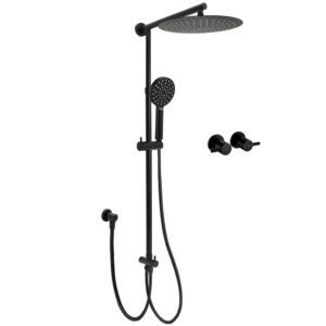 Matt Black 12" Dual Rain Shower Rail Set complete kit mounted on bathroom wall