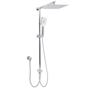 Chrome square twin shower head rail set with 10 inch overhead geometric rainfall plate and handheld wand