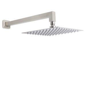Brushed nickel 10 inch square rainfall shower head set fixed to a tiled wall